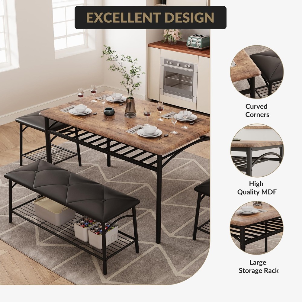 4pcs Dining Set for Small Spaces Kitchen Table w/ Upholstered Bench & 2 Stools