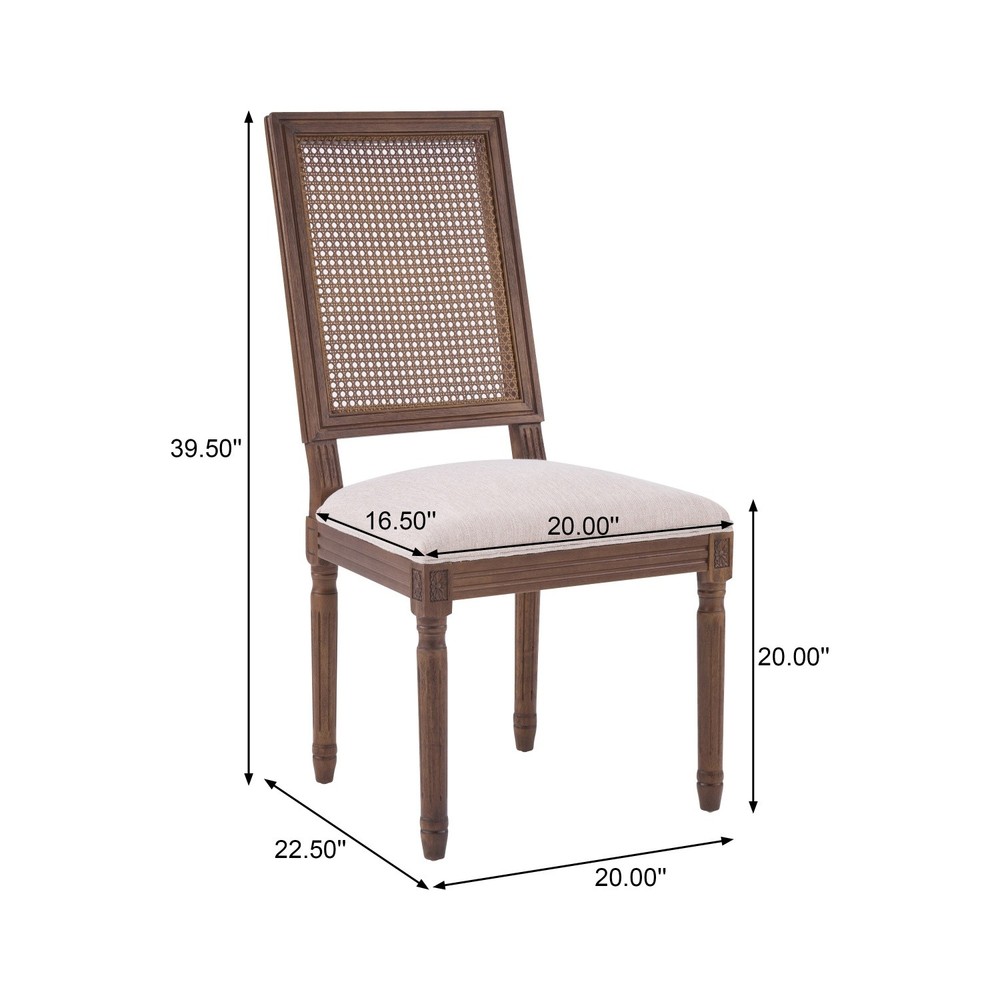 Set of 2 Rustic Upholstered Dining Chairs with Rattan Back & Solid Wood Frame