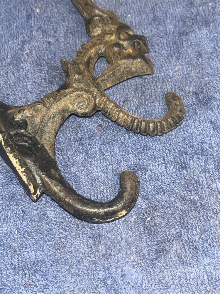 VINTAGE CAST IRON COAT HAT HOOK WITH GARGOYLE FACE