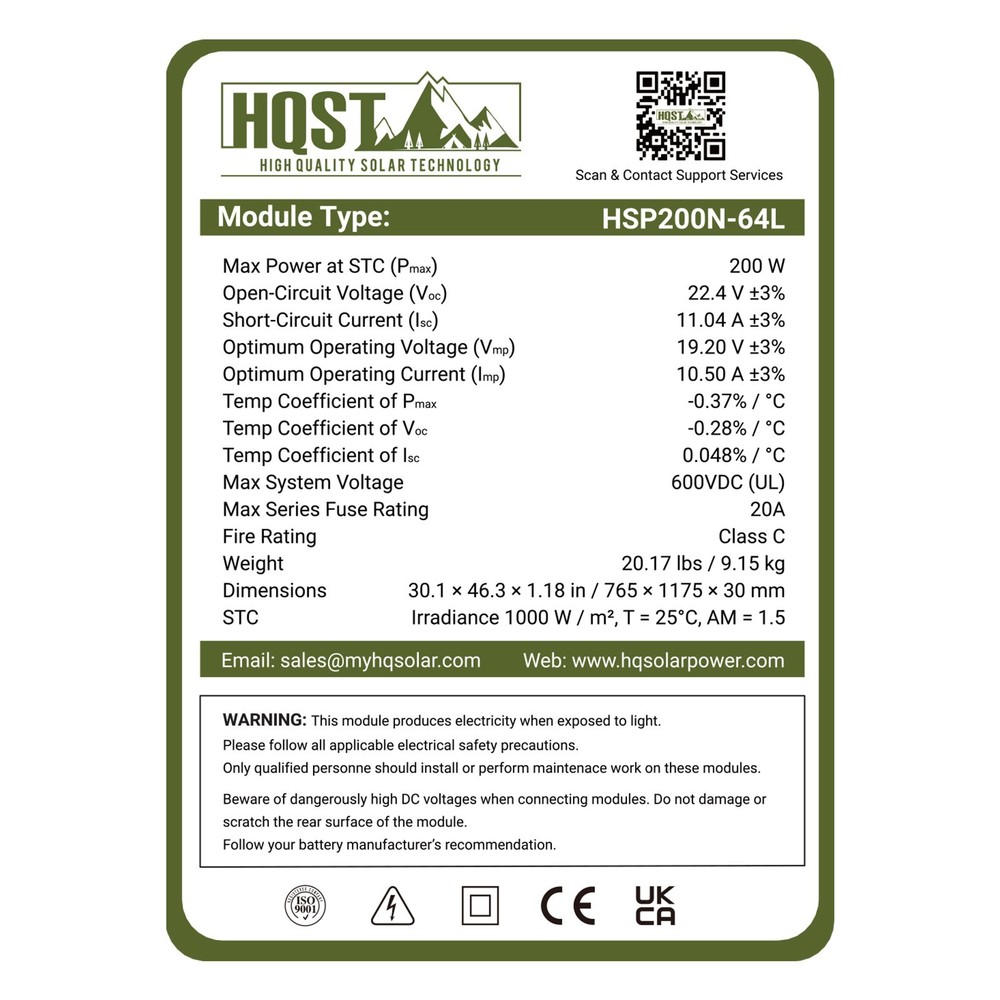 HQST 200W Compact N-Type Solar Panel | 25.4% Efficiency, 14.5% Lighter