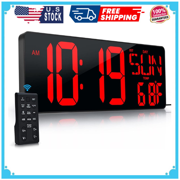 Large Digital Wall Clock with Remote Control 17.2" LED Large Display Timer