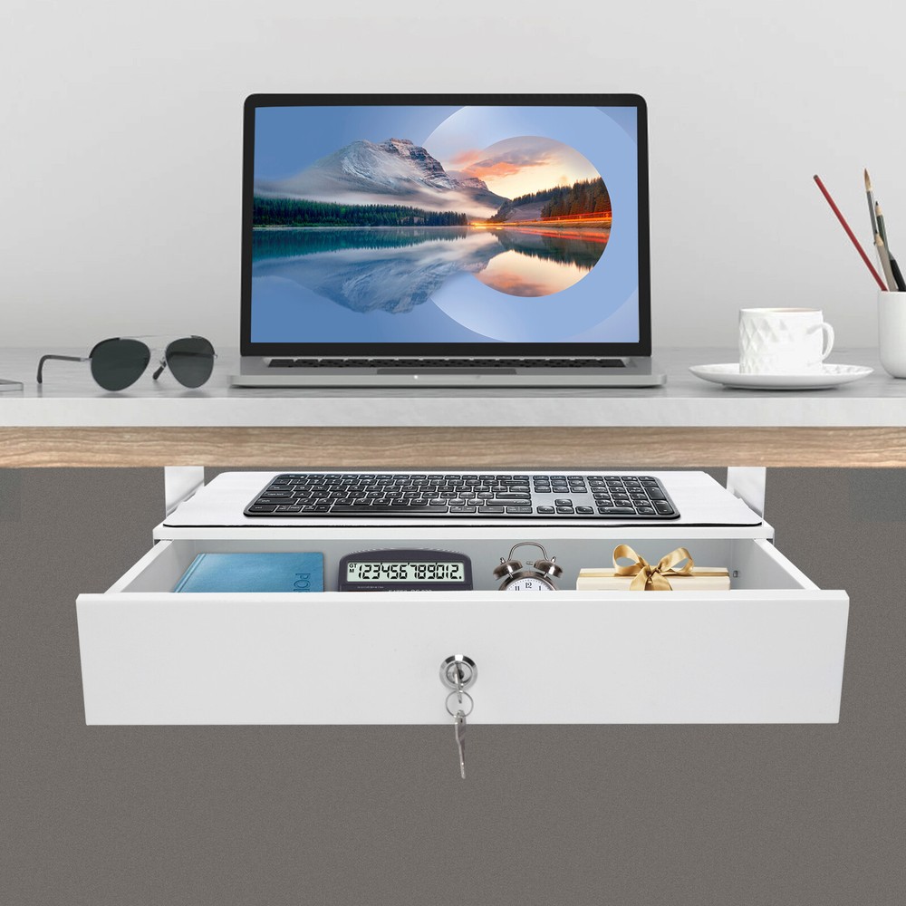 Under Desk Mounted Sliding Pull-out Storage Drawer With Computer Pad White USA