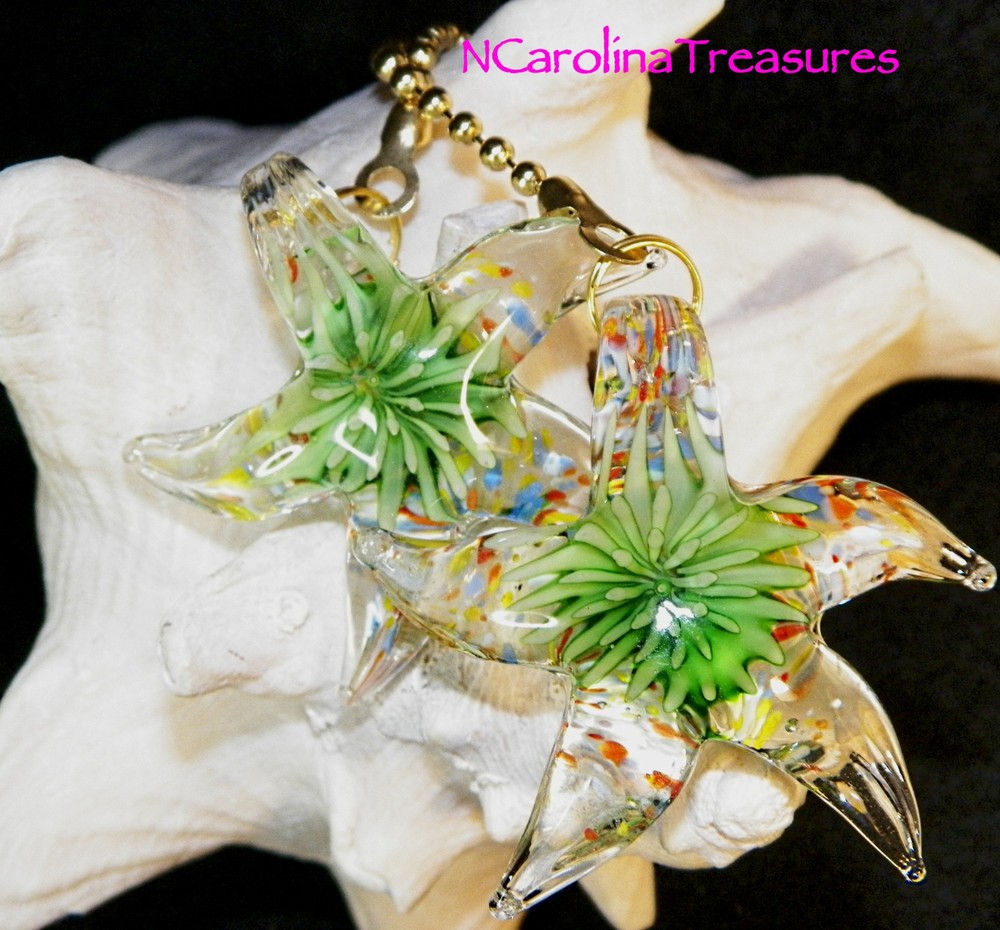 FIRE BURST GREEN STAR STARFISH GLASS CEILING FAN LIGHT SWITCH PULL LARGE PAIR