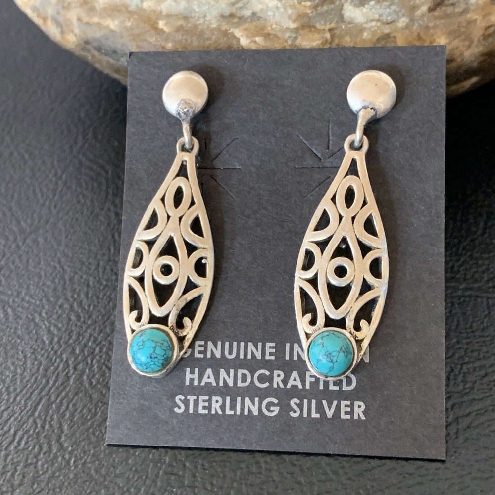 Native Blue Turquoise Navajo Sterling Silver Dangle Post Earrings 1.5" 12759