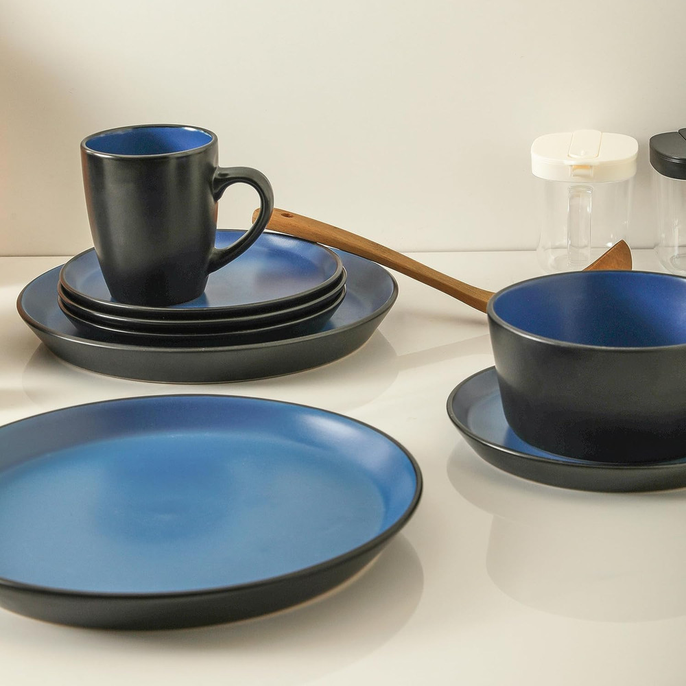 Albie Stoneware 32-Piece Modern Dinnerware Set, Kitchen Plates and Bowls Sets, D