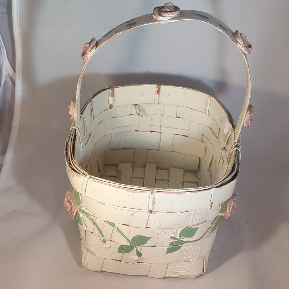 Ivory Rectangular Decorative / Easter Basket With Pink Rose Accents and Handle