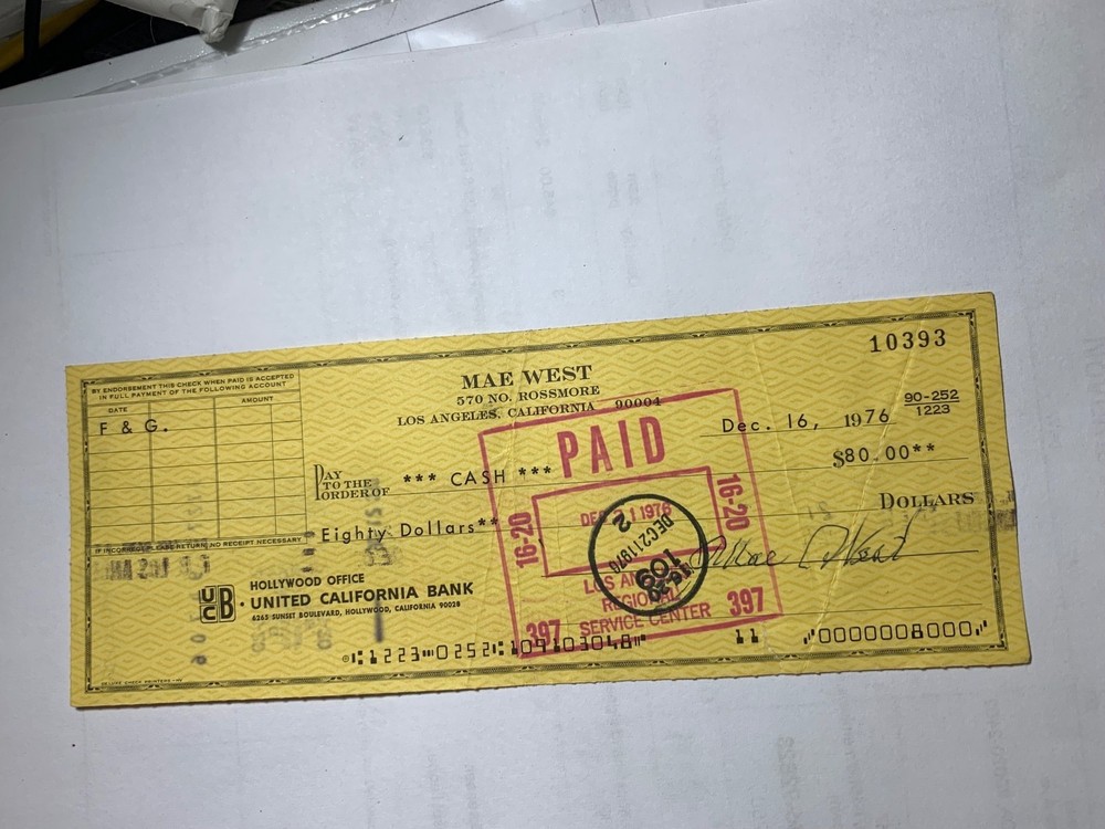 MAE WEST hand signed autographed checks with cancellations for discount pricing.
