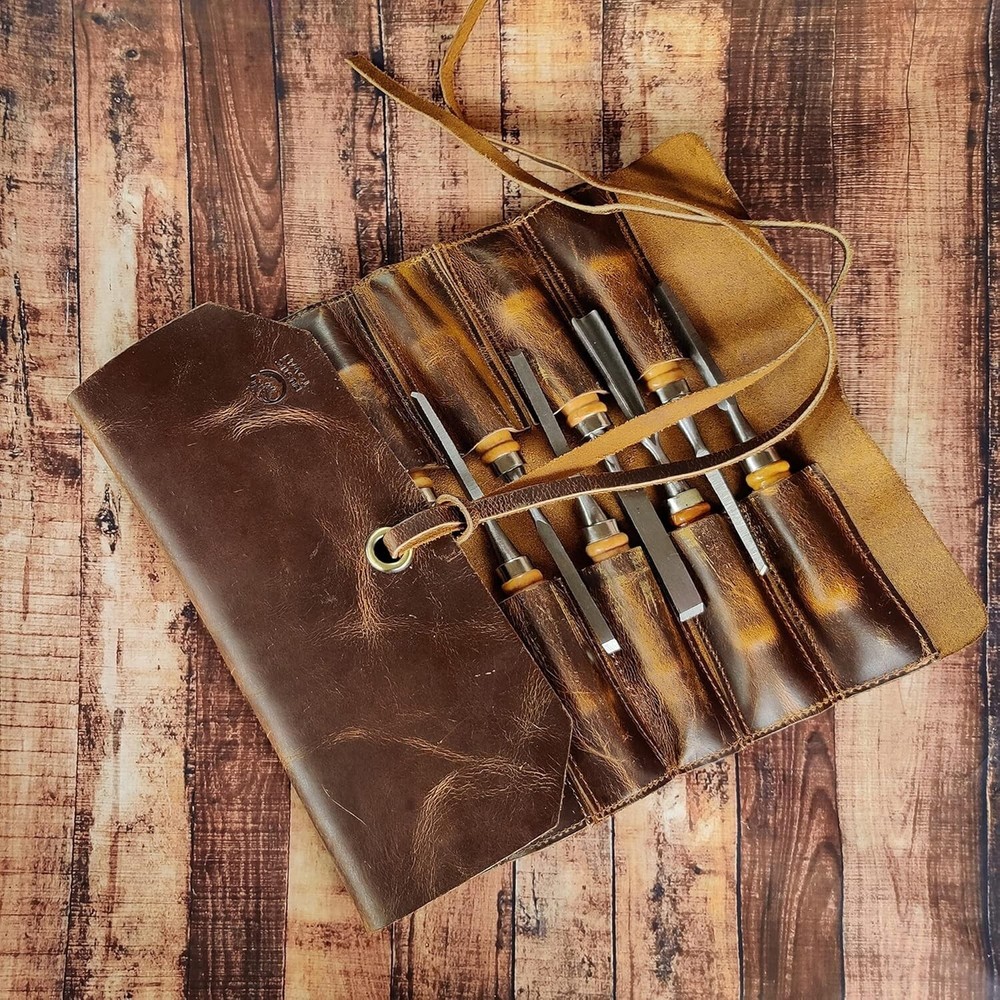 12 Pocket Leather Tool Roll for Mechanics - Compact & Durable Tool Storage.