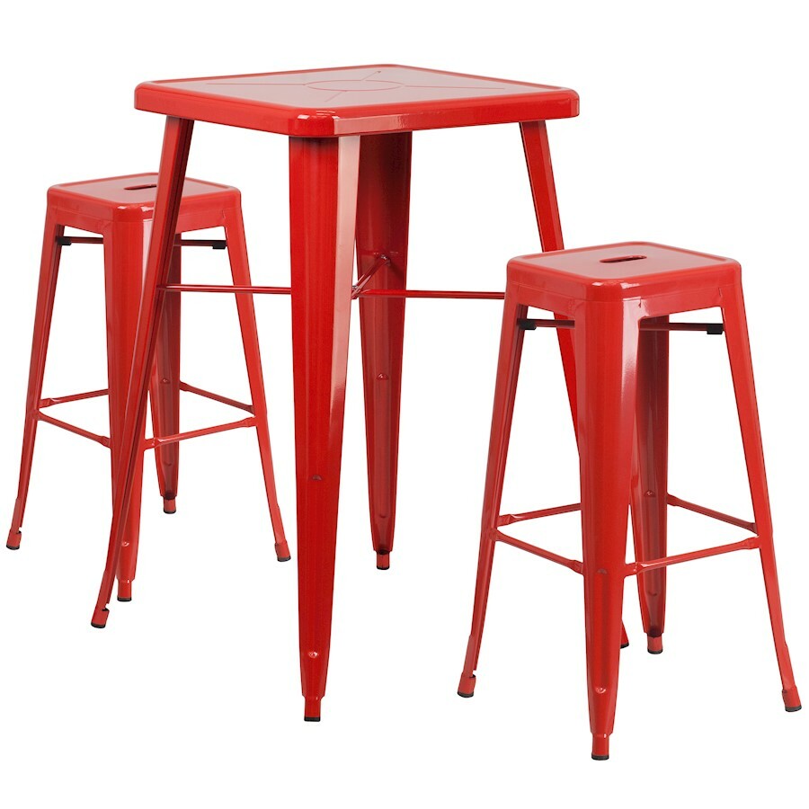 Flash Commercial Grade 23.75" Square Red Metal Bar Table Set, 2 Backless Stools