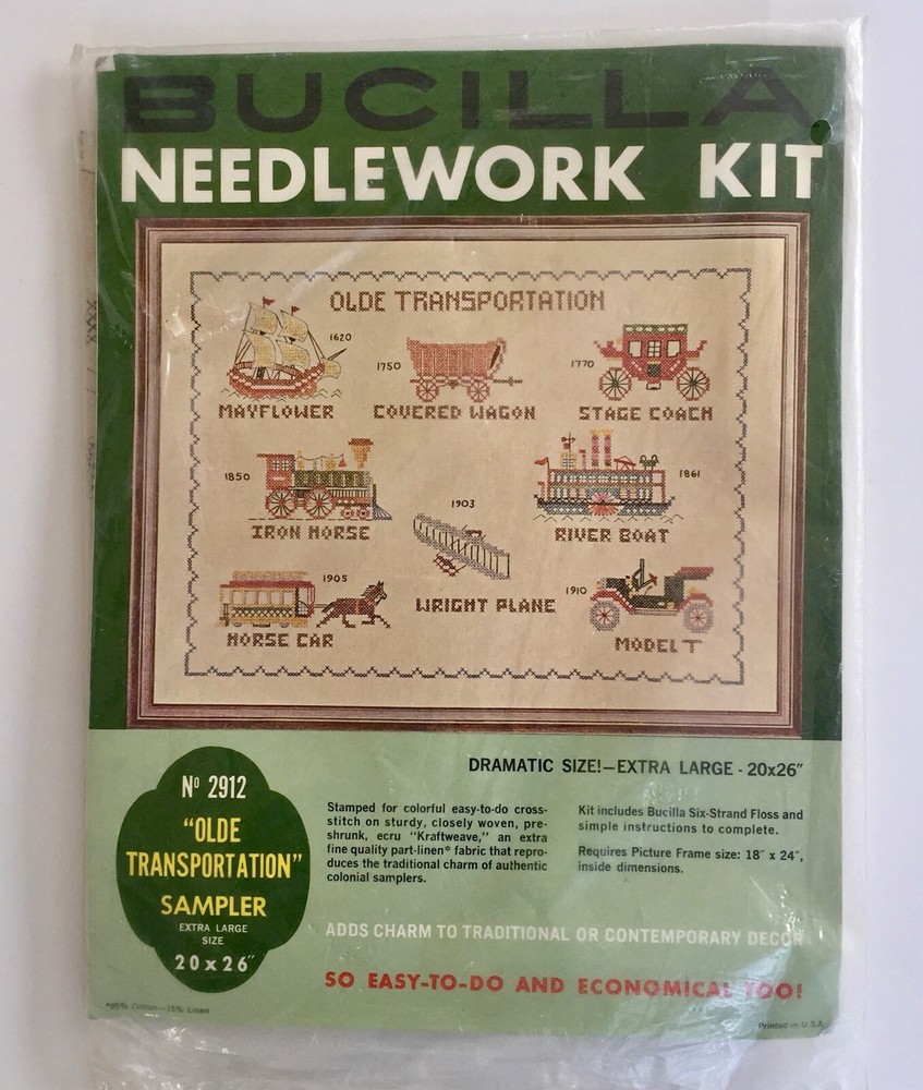 Bucilla Needlework Kit 2912 Olde Transportation Sampler Extra Large Size 20"X26"
