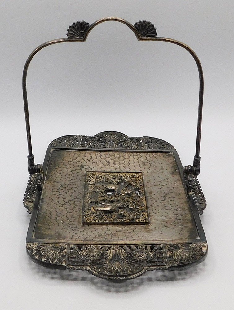 Vintage Large Silver Plated Rectangular Handled Tray w Ornate Cherub Tree Floral
