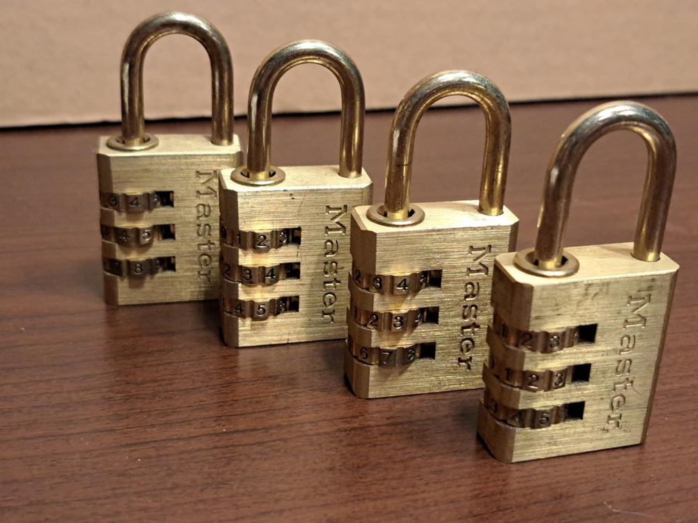Lot of 4 MASTER COMBINATION LOCKS w CHANGEABLE COMBINATION FEATURE w INSTRUCTION