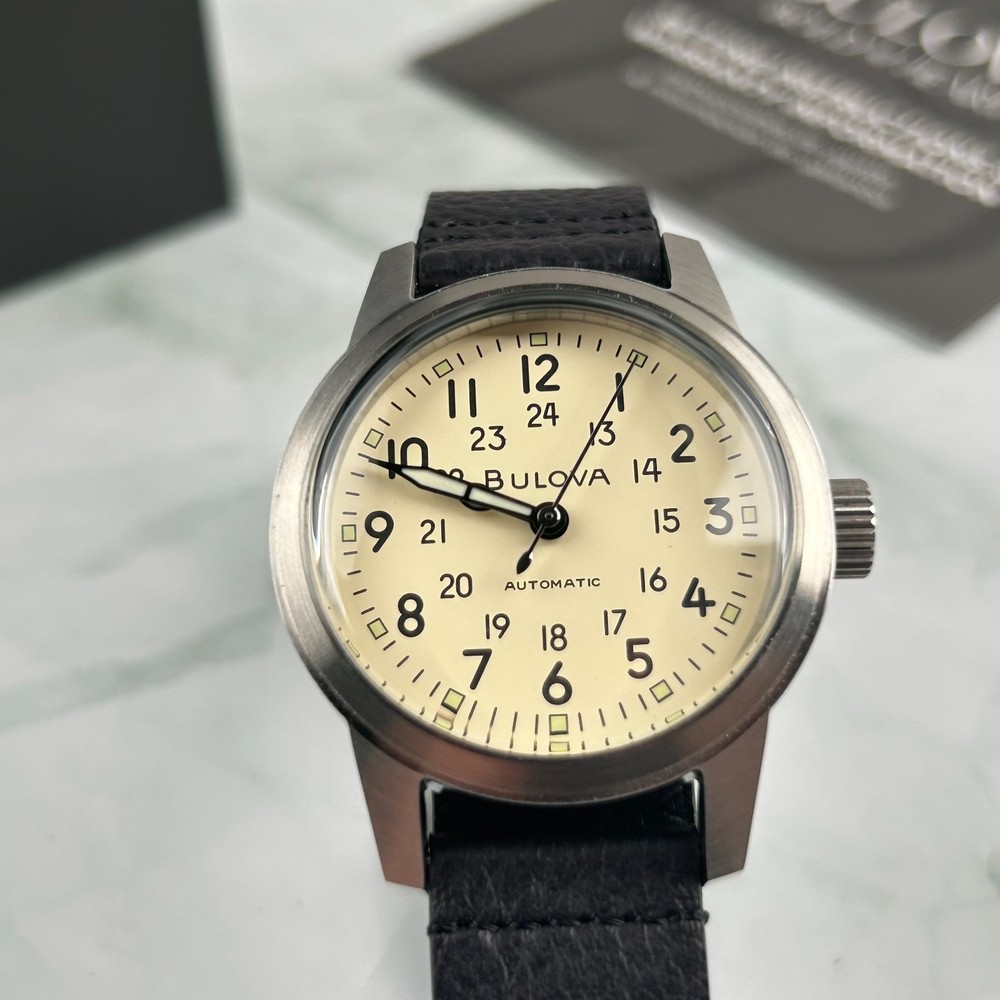 Bulova 96A246 Hack Ivory Dial Black Leather Strap Men’s Automatic Watch