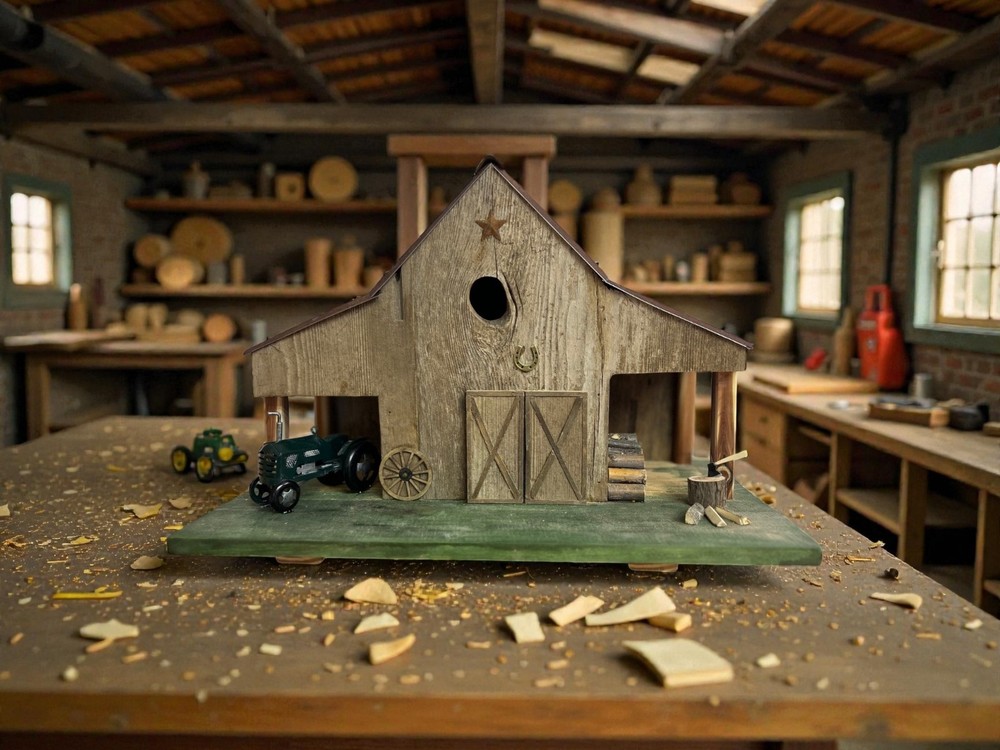 Handcrafted Rustic Barn Birdhouse with Tractor