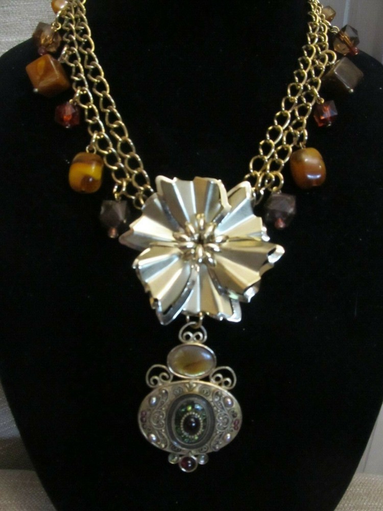 Vintage Dimensional Flower & Medallion Statement Necklace-A Repurposed Original