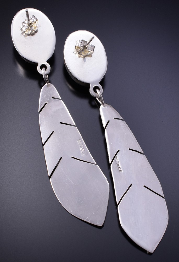 Silver & Onyx Navajo Handmade Eagle Feather Earrings 4K07A