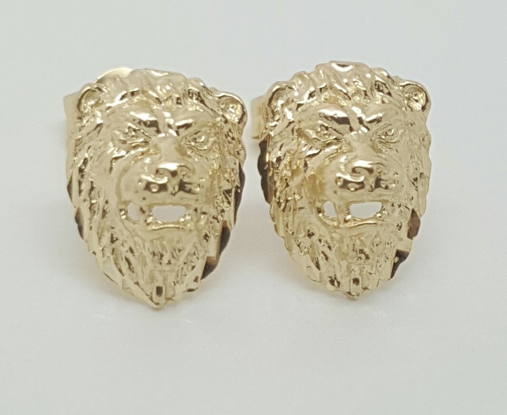 14k Solid Yellow Gold Lion Head Leo Stud Earrings Push Back