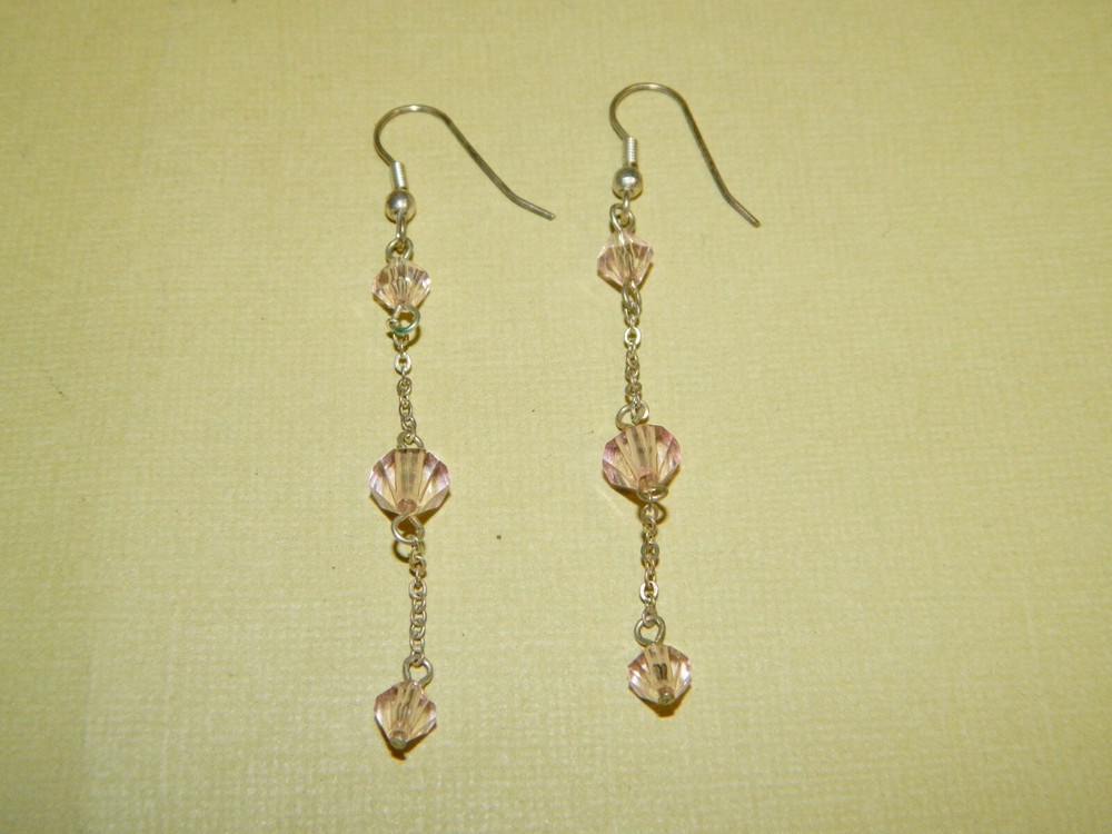 Long Dangling Silvertone & Pink Bead Pierced Earrings