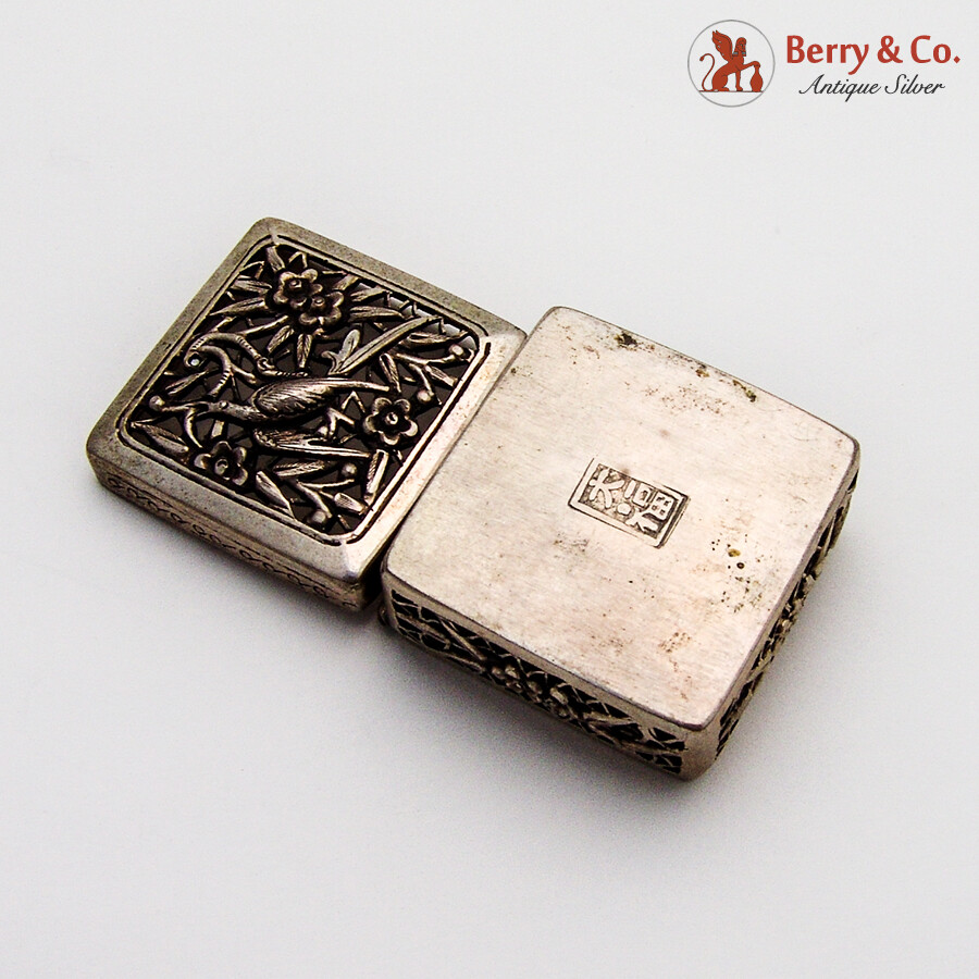 Openwork Floral Bird Pill Box Square Form Chinese Export Silver