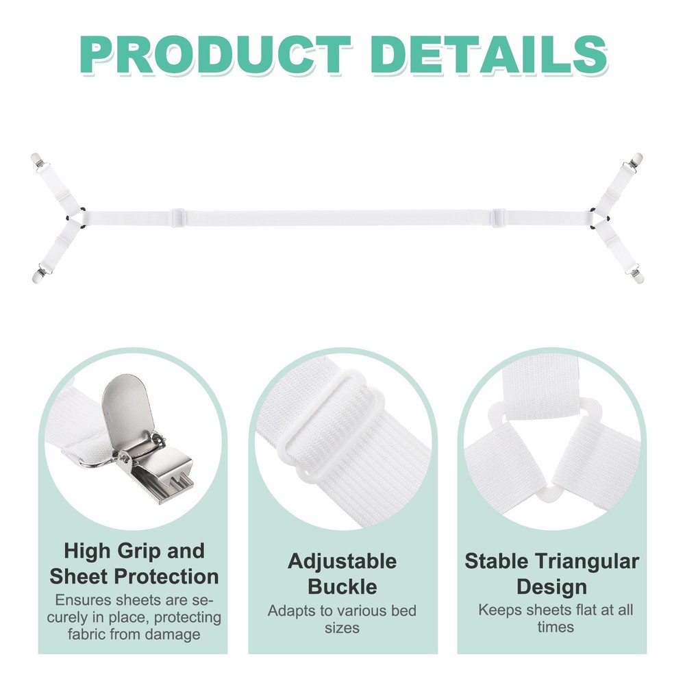 2Pcs Bed Sheet Holder Straps Elastic Adjustable 2 Way Cross 4 Clips, White