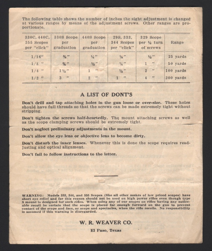 INSTRUCTIONS - WEAVER SCOPES AND MOUNTS, 1940'S