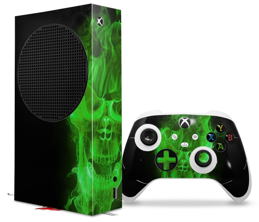 Skins XBOX Series S Console Controller Flaming Fire Skull Green