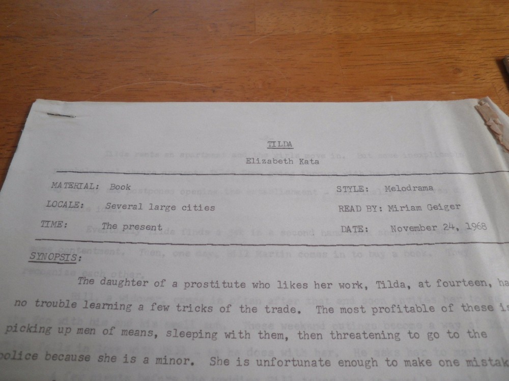 1960's Script reading synopsis Elizabeth Kata Tilda treatment