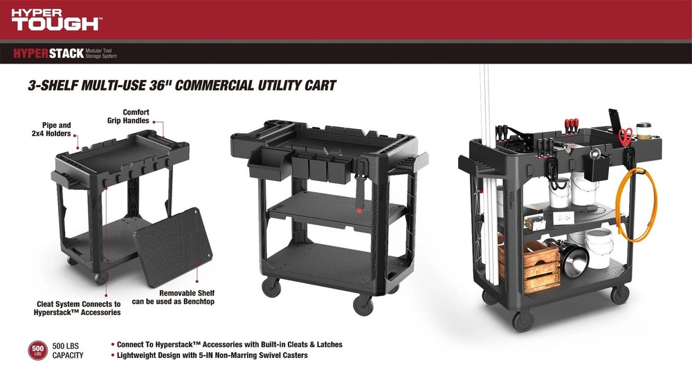 Hyper Tough Hyper Stack 3-Shelf Multi-Use 36" Commercial Utility Cart, 500 lb