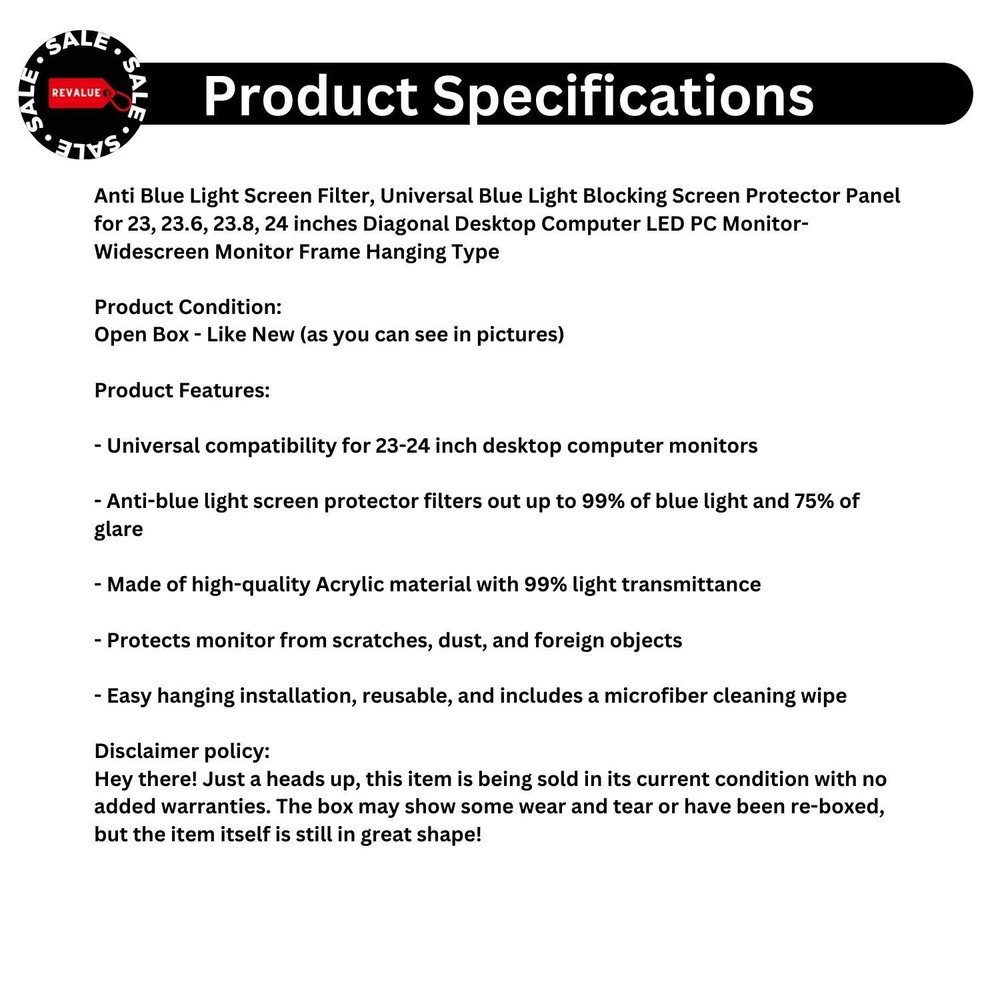 Anti Blue Light Universal Screen Filter Blocking Protector Panel 23 - 24 inch