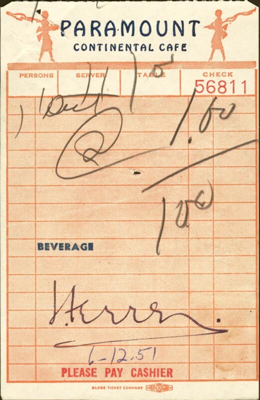 JOSE FERRER - MEAL TICKET SIGNED 06/12/1951