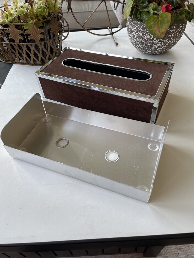 Vtg Stylebuilt Chrome Suede Tissue Box Holder Vanity 2 Pc