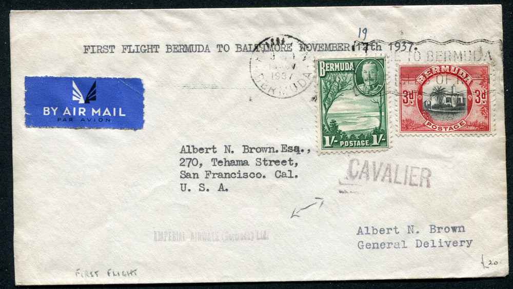 BERMUDA (23606): FIRST FLIGHT COVER/cancel 1937