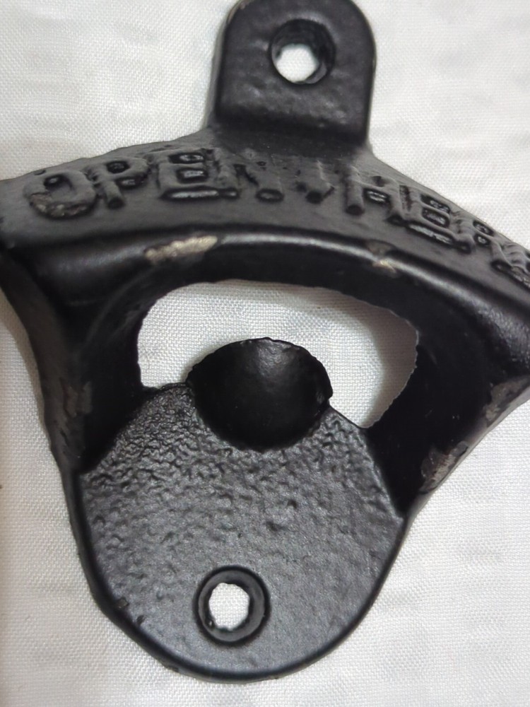 14 RUSTIC CAST IRON CAFE BAR WALL MOUNT "OPEN HERE" Black BOTTLE OPENERS Chipped