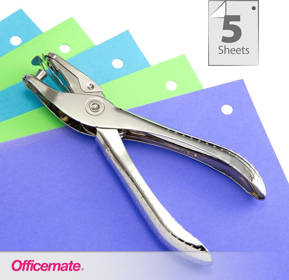 Nickel-Plated 1-Hole Punch - 5 Sheet Capacity for Efficient Office Organization