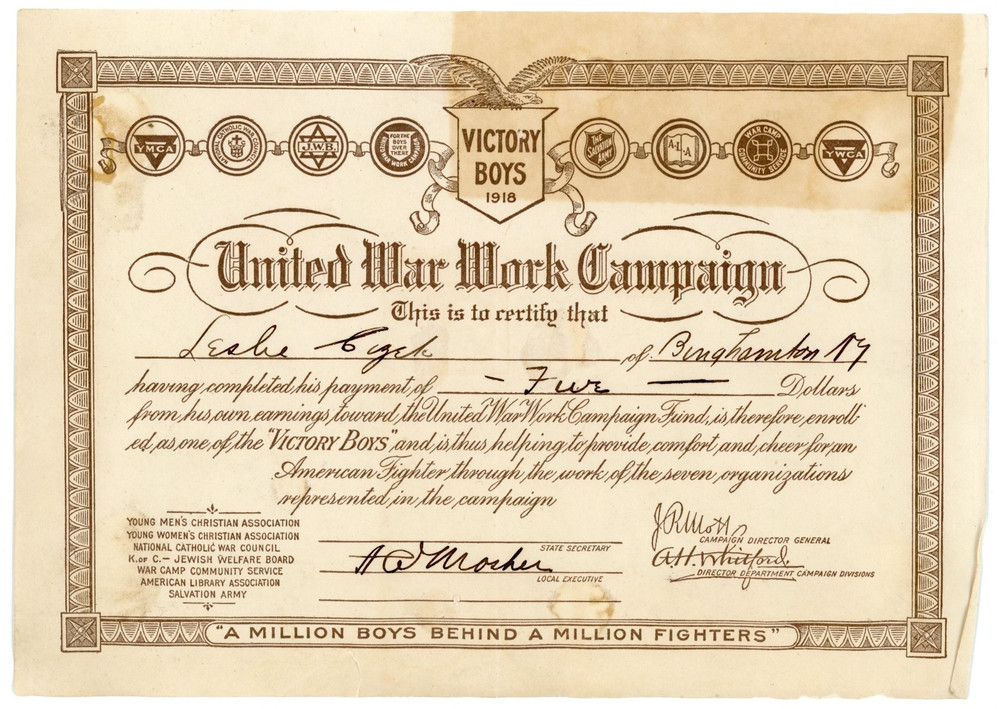 1918 Victory Boys War Work Certificate Binghamton NY #DP