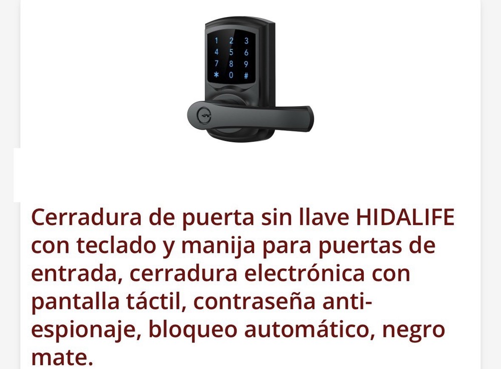 HIDALIFE Keyless Electronic Door Lock Touchscreen Matte Black Handle