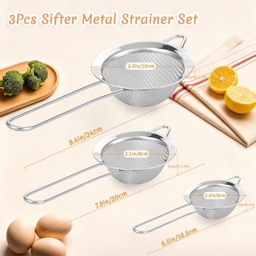 3Pcs Fine Mesh Strainer with Handle, Small Medium Large Size Sieve Strainers