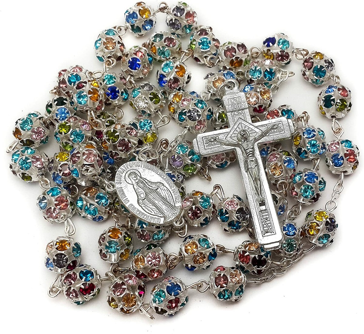 Colorful Zircon Beads Silver Rosary Catholic Necklace Miraculous Medal Cross