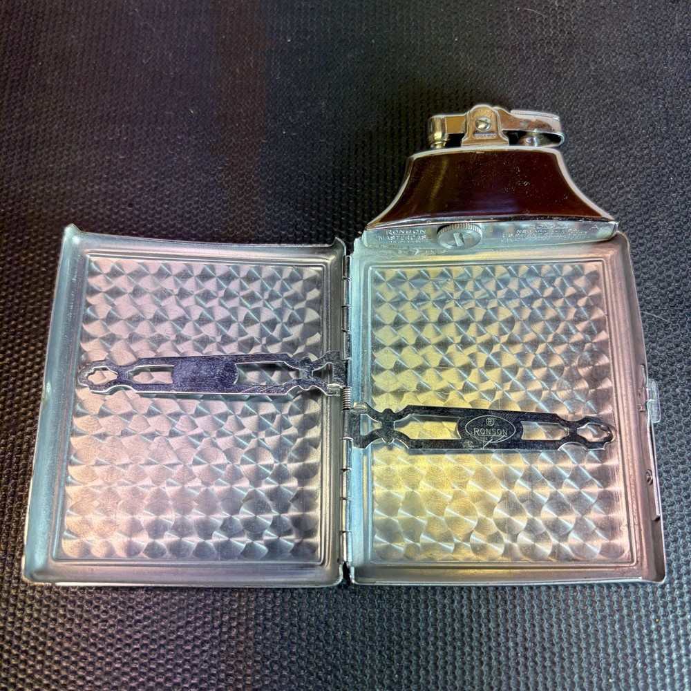 Ronson Mastercase Art Deco Cigarette Case Combo Lighter - Brown and Silver Tone