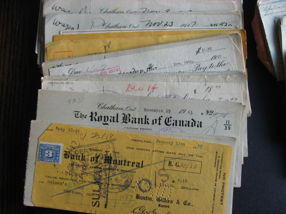 Canada 600 old cheques most 1937-44 era with excise or regular stamps on them