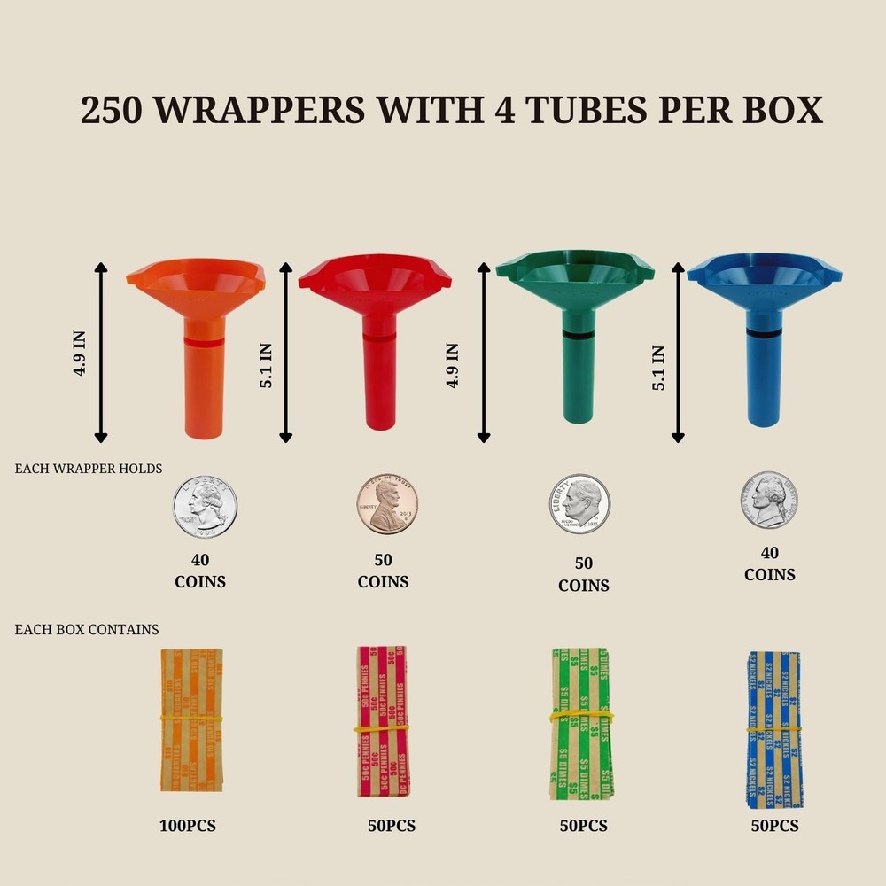 Coin Rolls Wrappers Flat Assorted with 4 Coin Sorters Tubes 250 PCS