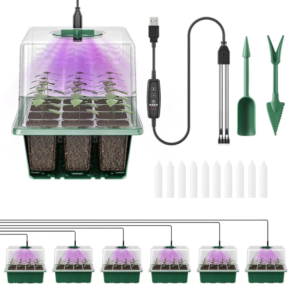 6 Pack Seed Starter Kit, 72 Cells, Seed Starter Trays with Adjustable Grow Light
