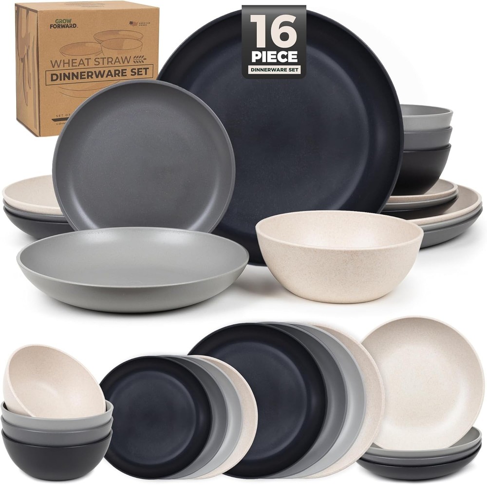 Grow Forward 16-piece Premium Wheat Straw Dinnerware Sets for 4 - Unbreakable Di