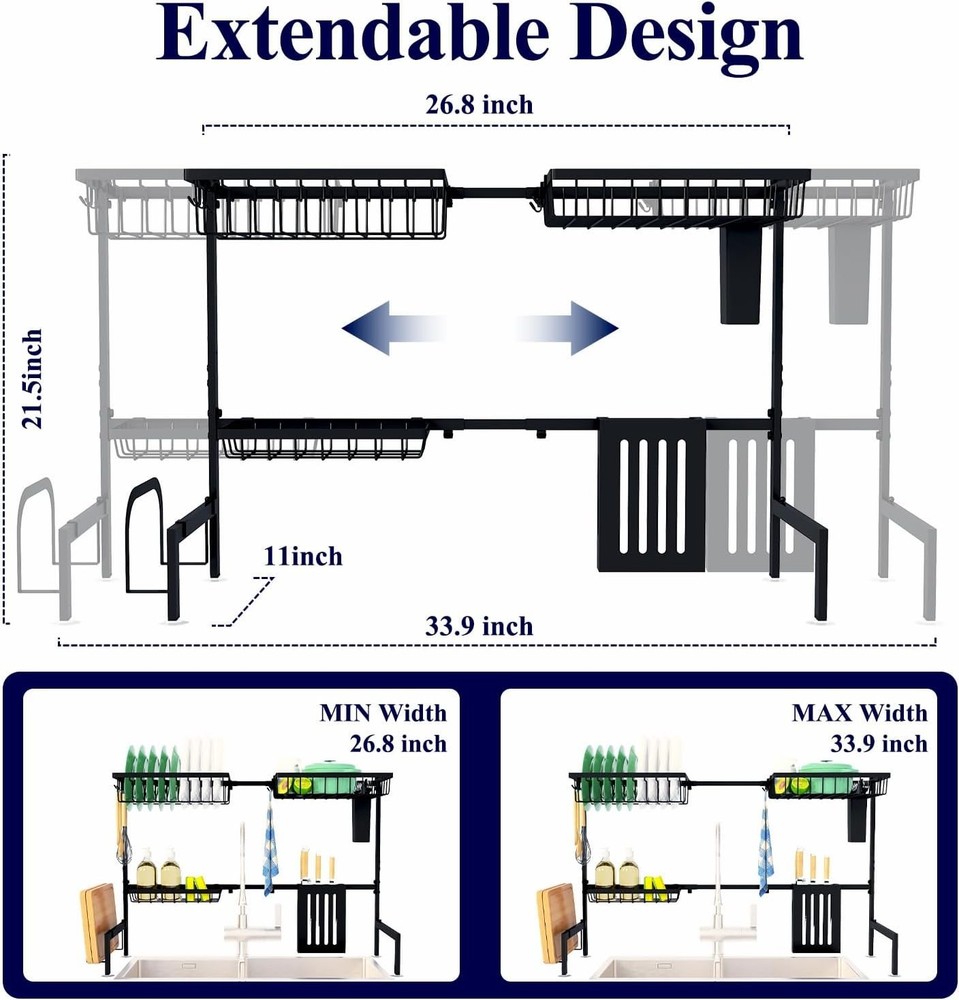 2-Tier Over Sink Dish Drying Rack, Adjustable 21.5"-33.9" - Kitchen Space Saver