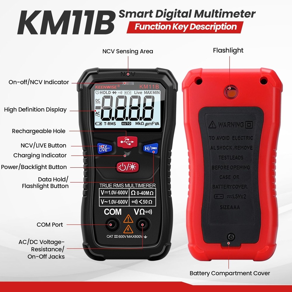 Rechargeable Digital Multimeter Tester, 4000 Counts, Smart Measurement, Type-...