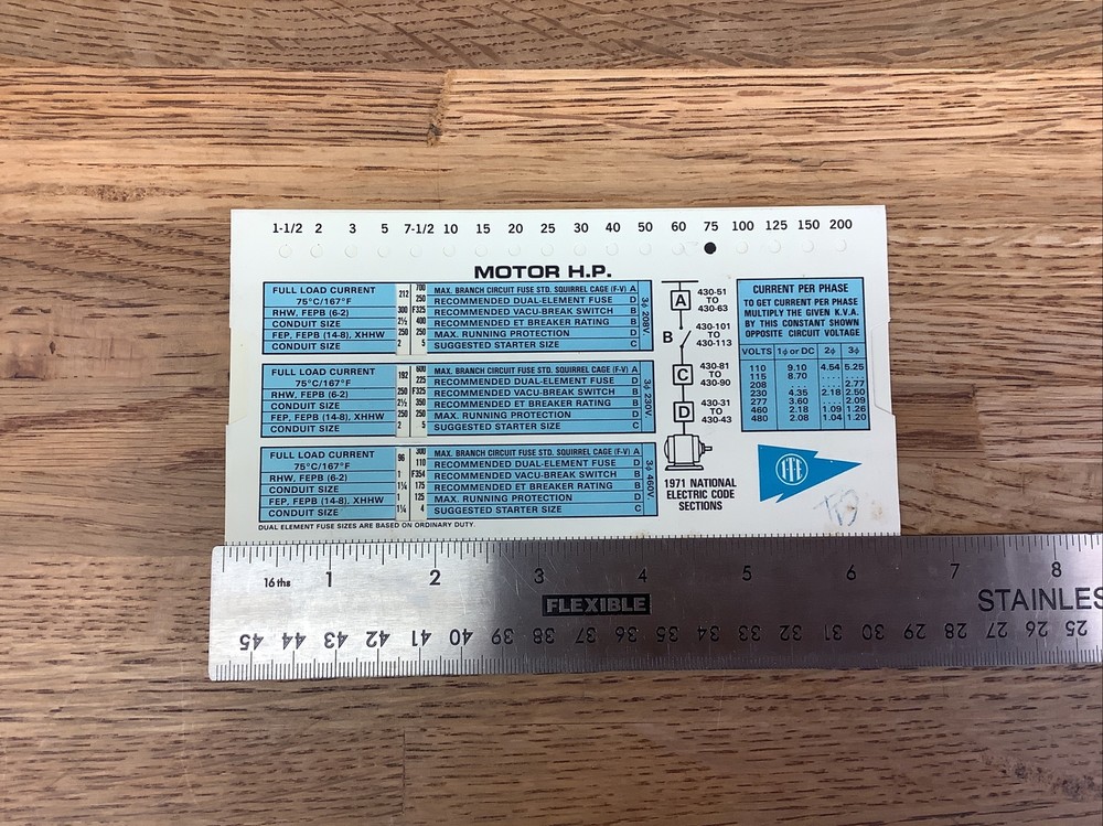 1971 ITE MOTOR HP & WIRE CAPACITY Slide Chart Calculator (A2-4)