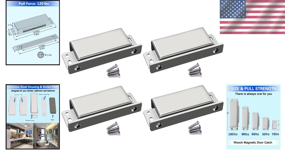 Stainless Steel Magnetic Catch 4-Pack 160lb Pull Force Rustproof Kitchen Cabinet