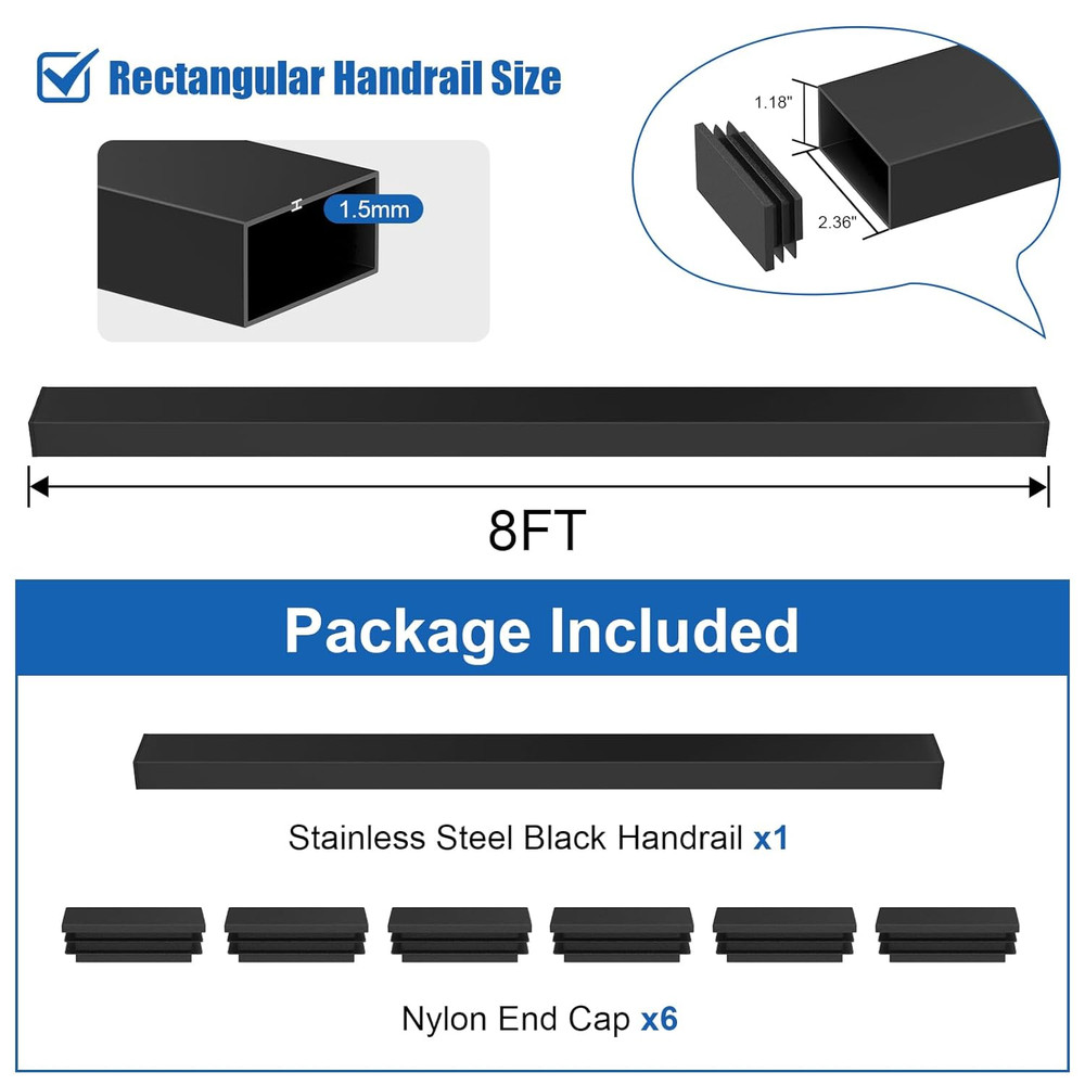 8FT Stainless Steel Cable Railing Handrail, Black Rectangular Handrail Flat Top