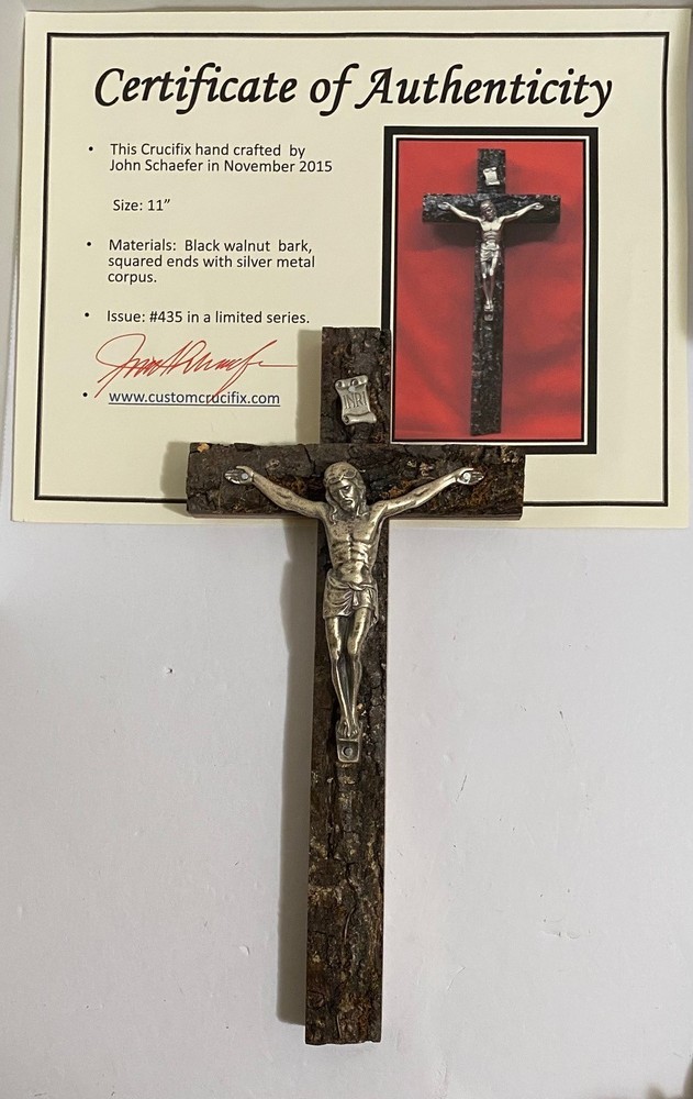 CRUCIFIX HAND CRAFTED BY JOHN SCHAEFER 2015, 11" TALL, BLACK WALNUT & SILVER