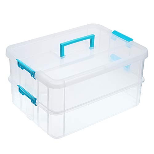 2-Tiers Stack Carry Storage Box With Handle, Transparent Stackable Blue